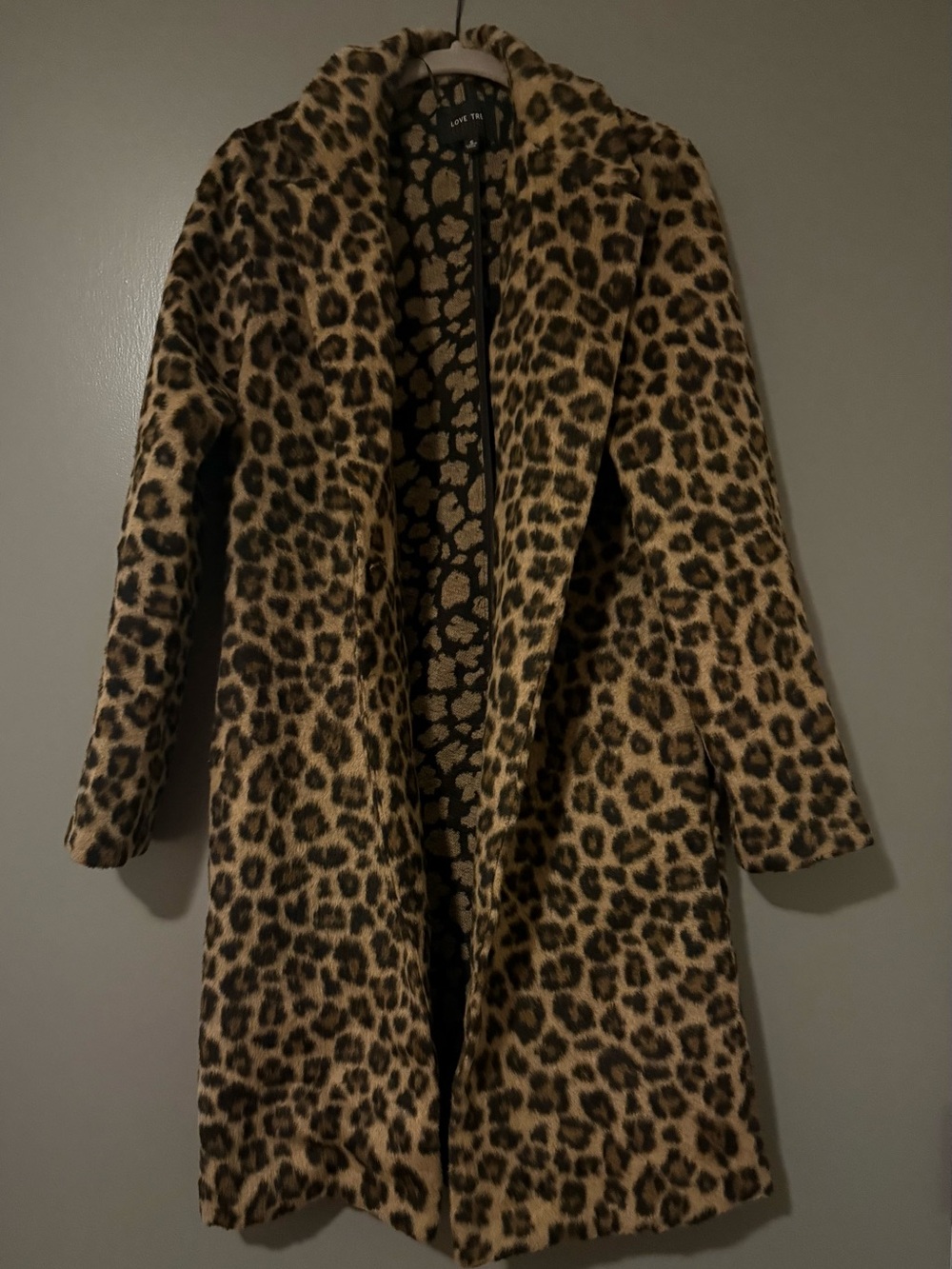 Love Tree Leopard-Print Faux Fur Pea Coat - Brown/Tan
